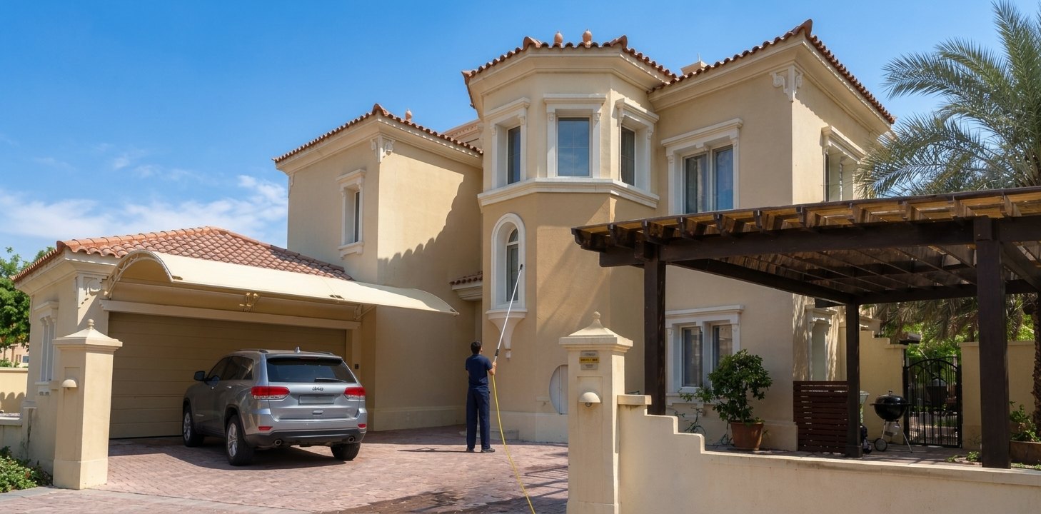 Cleaner using a water-fed pole to wash the upper windows of a villa from the driveway