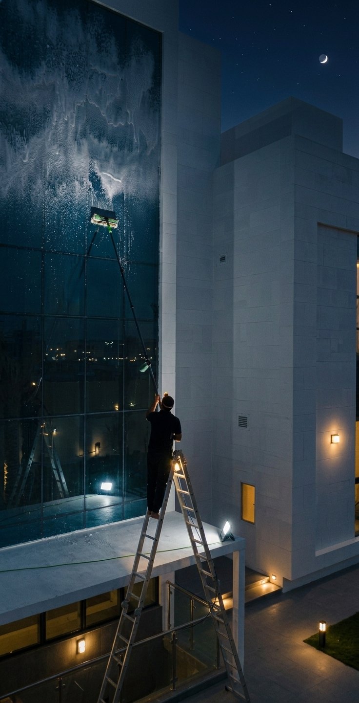 Cleaner on a ladder washing a tall glass wall of a modern building at night