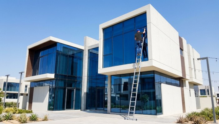Cleaner on a ladder washing the upper glass of a modern villa